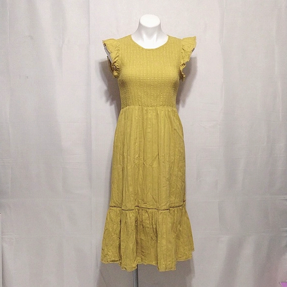 Lost + Wander Smocked Flutter Sleeve Midi Dress Eyelet Boho Resort Vacation M